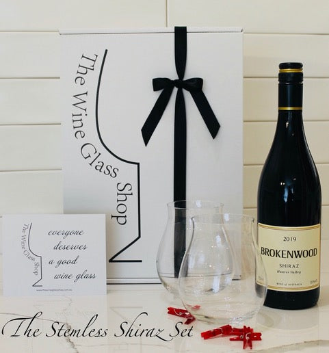 Stemless Red wine glasses with Shiraz red wine Gift Pack, Brokenwood 2019 Shiraz