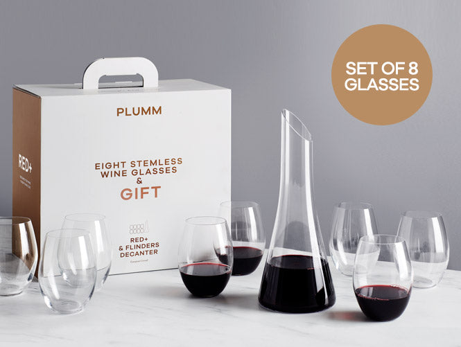 Stemless Red Glass & Decanter Gift Set, Stemless Red+ Glasses & Flinders Decanter